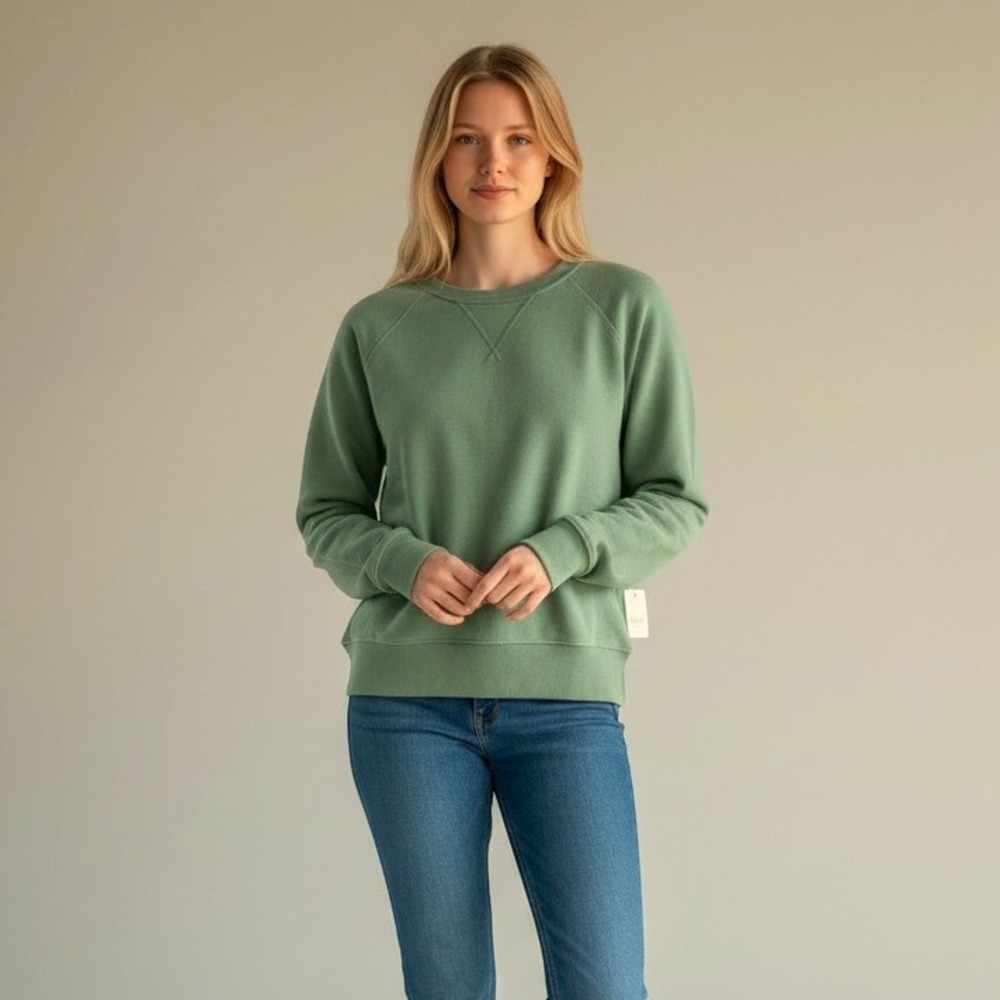 AE77 American Eagle Sweatshirt Women XS Green Distressed Sleeve Crewneck Cotton